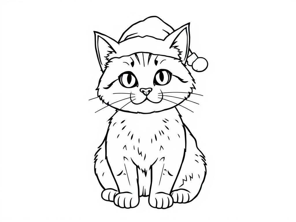 Cute Cat in Santa Hat Coloring Page