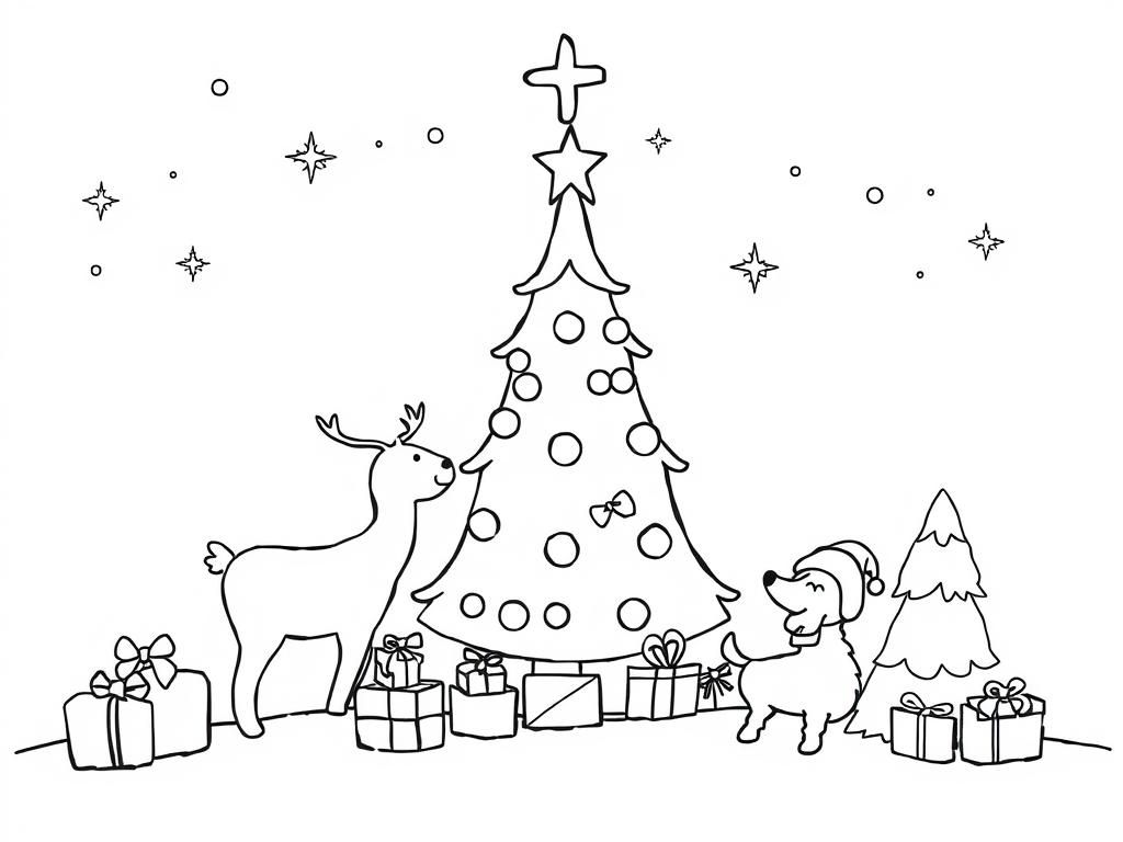 Christmas Tree with Reindeer and Dog Coloring Page