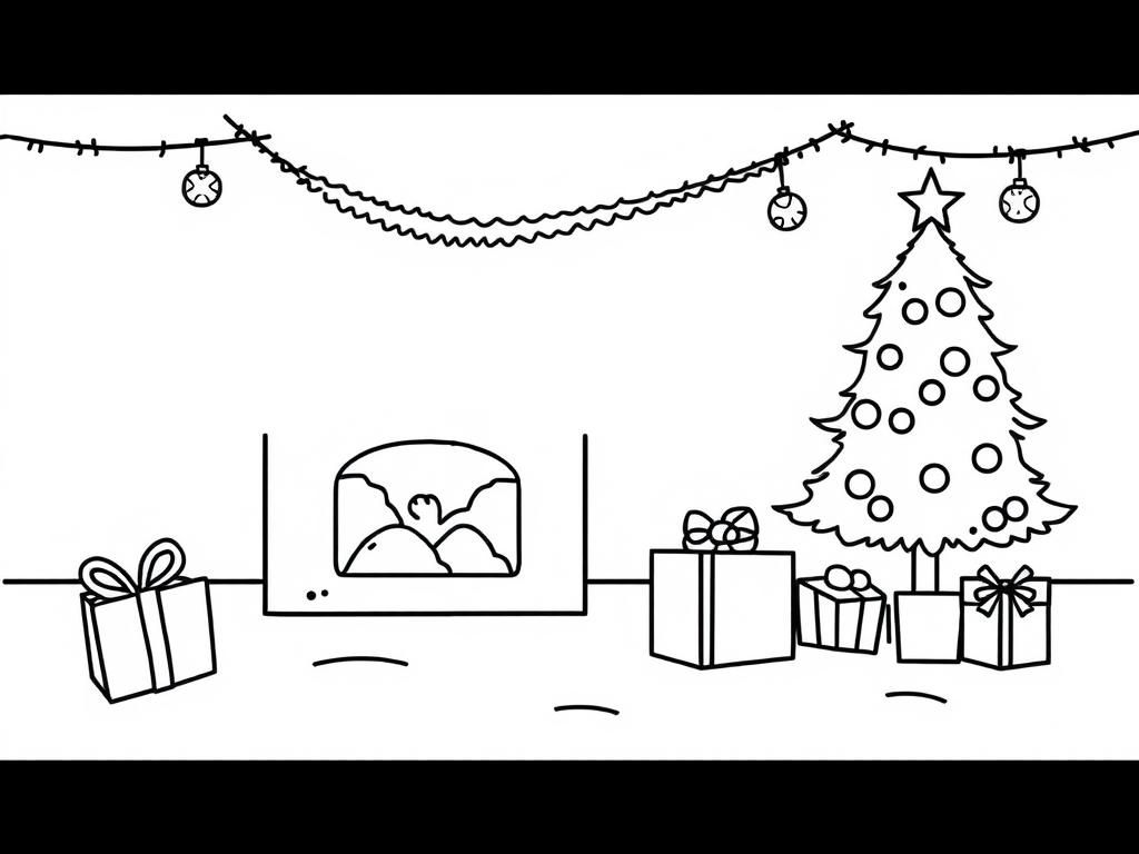 Christmas Tree and Fireplace Coloring Page