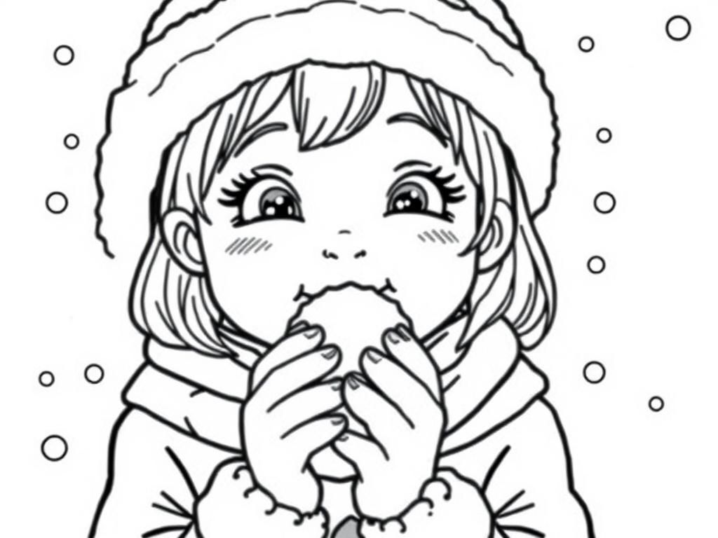 Happy Girl Eating Snowball Coloring Page