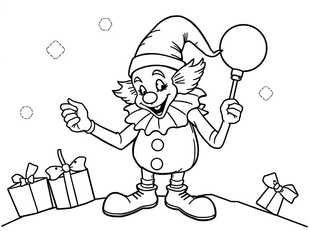 Fun Clown Coloring Page with Gifts and Balloon