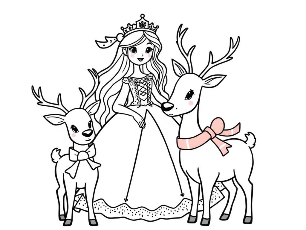 christmas princess with christmas deers - Free Printable Coloring Page