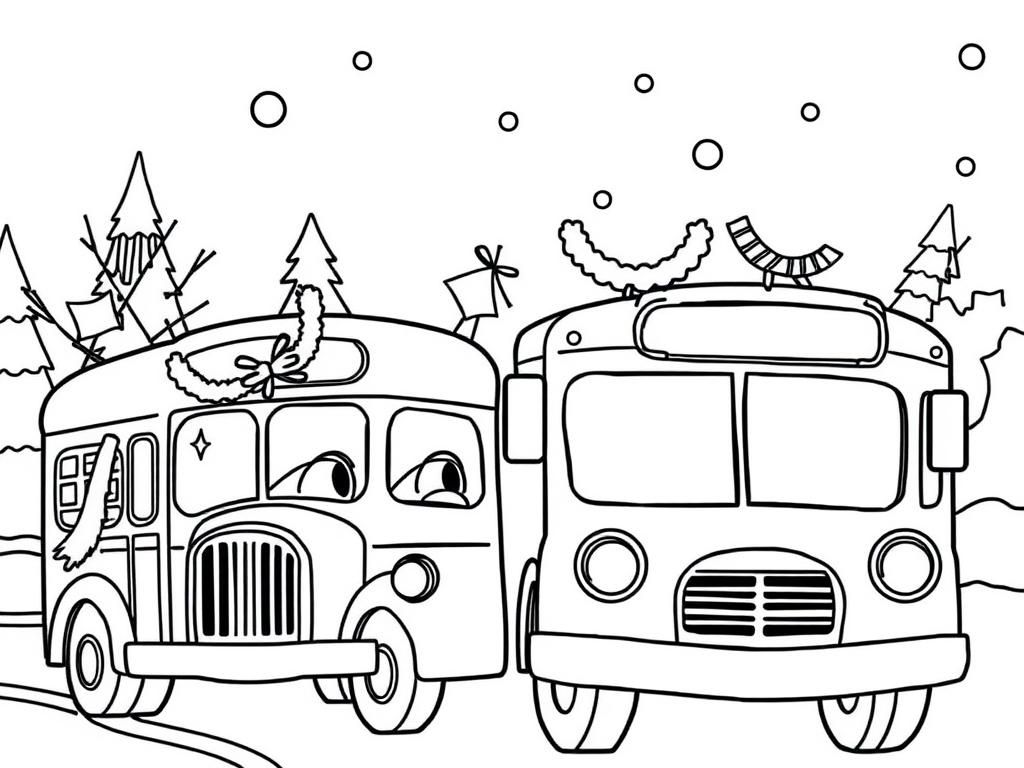 christmas scene with character buses that are decorated too - Free Printable Coloring Page