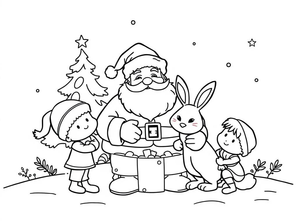 Santa Claus with Kids and Rabbit Christmas Coloring Page