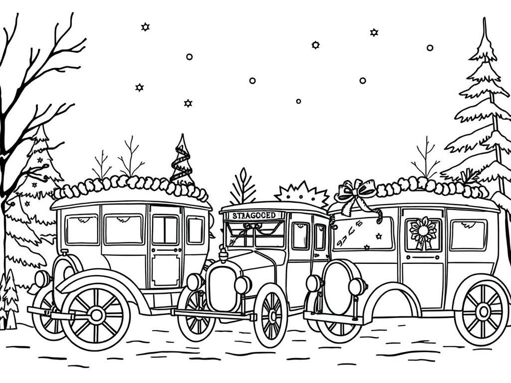 christmas scene with stagecoach buses that are decorated too - Free Printable Coloring Page