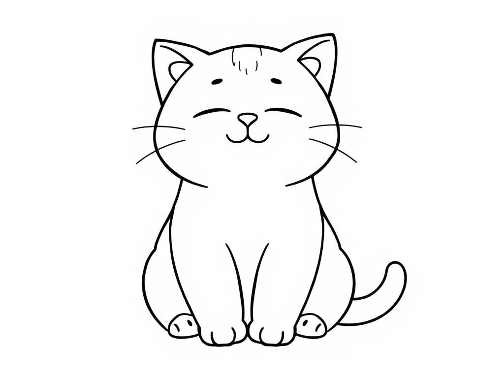 chubby anime calming cat, sitting, simple line art eye closed smiling, greyish blue low contrast soft - Free Printable Coloring Page