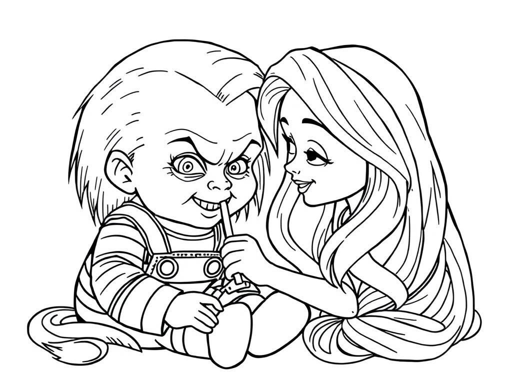 Chucky playing with Rapunzel - Free Printable Coloring Page
