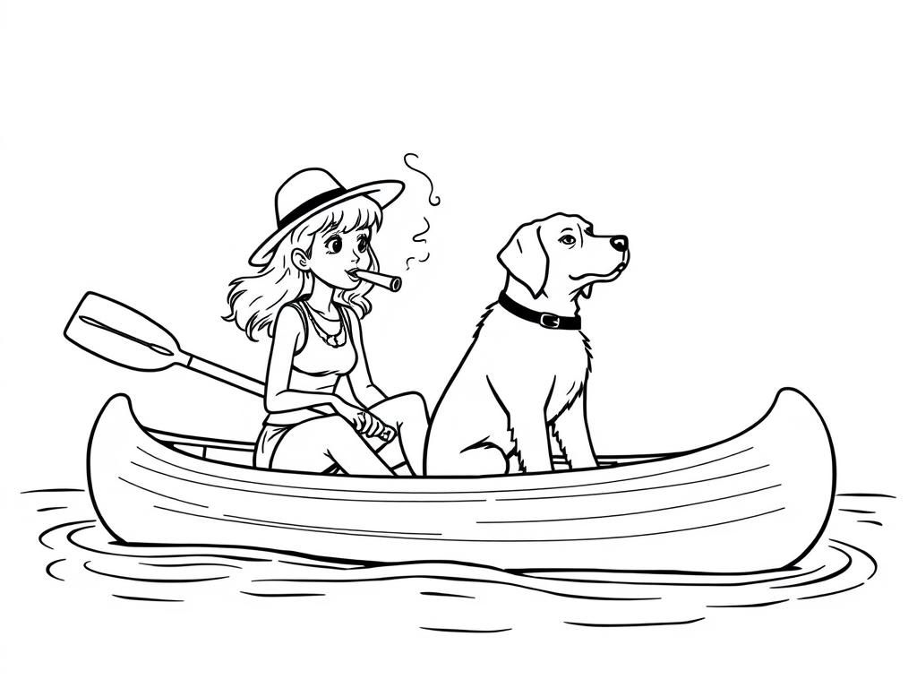 cigar smoking  girl with a brown dog  on big canoe and  looking both at right