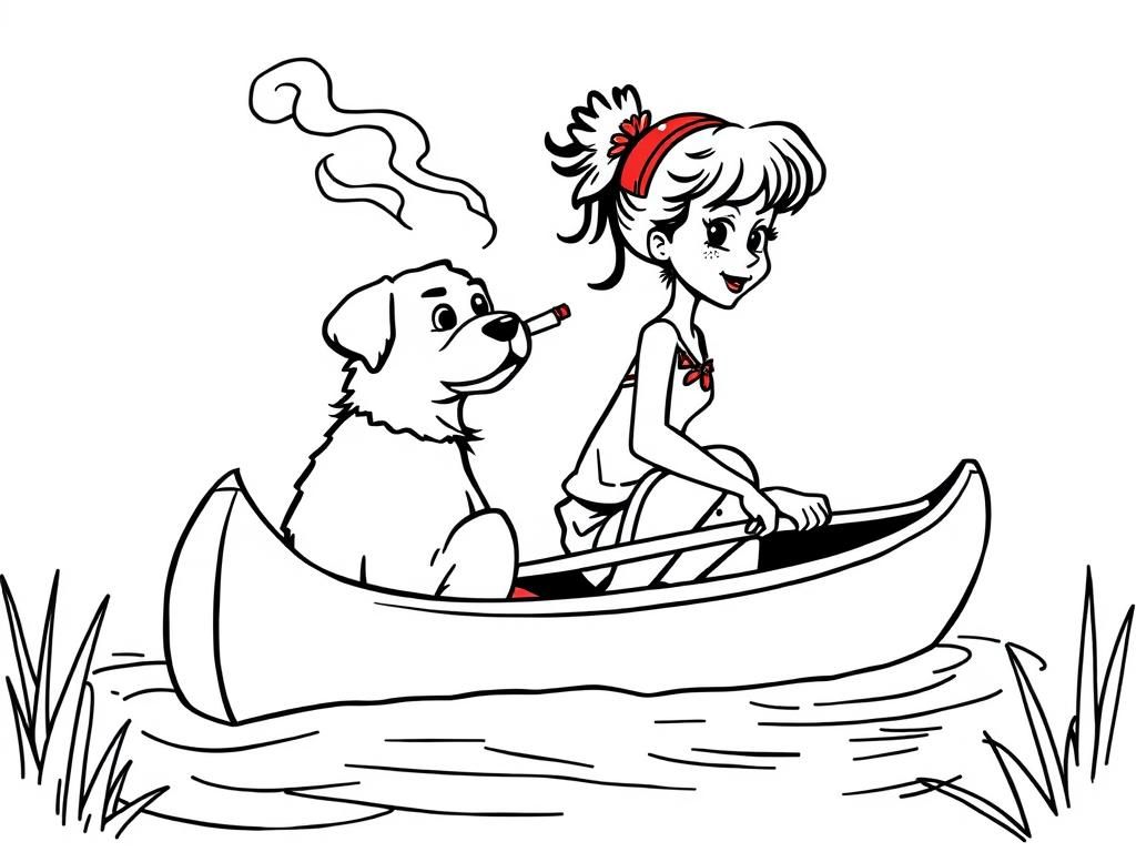 cigar smoking  girl with a brown dog  on big canoe and  looking both at right