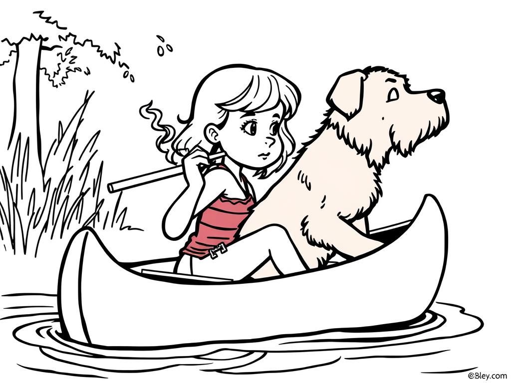 cigar smoking  girl with a brown dog  on big canoe and  looking both at right