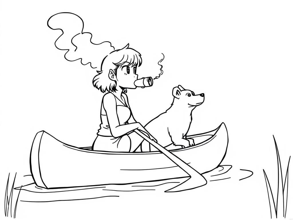 cigar smoking  manga girl with a brown dog  on big canoe and  looking both at right