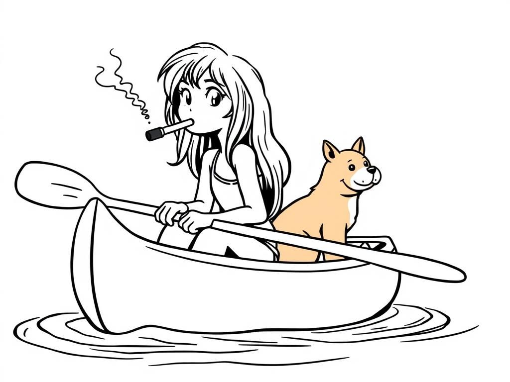 cigar smoking  manga girl with a brown dog  on big canoe and  looking both at right