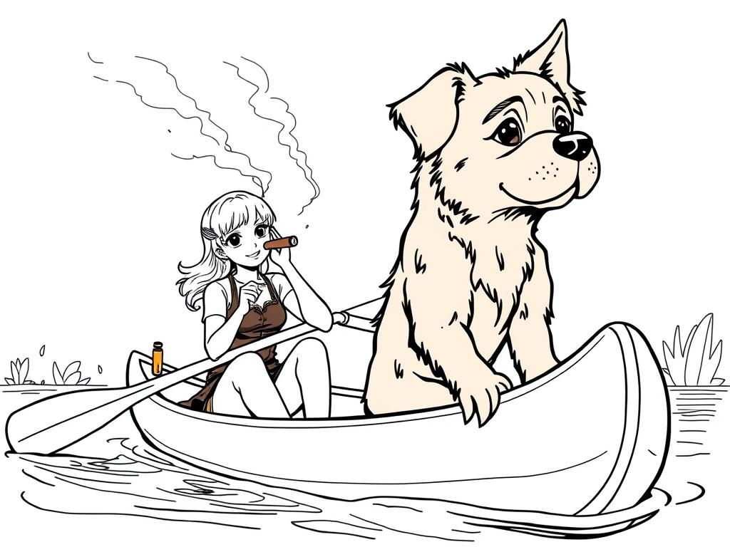 cigar smoking  manga girl with a brown dog  on big canoe and  looking both at right