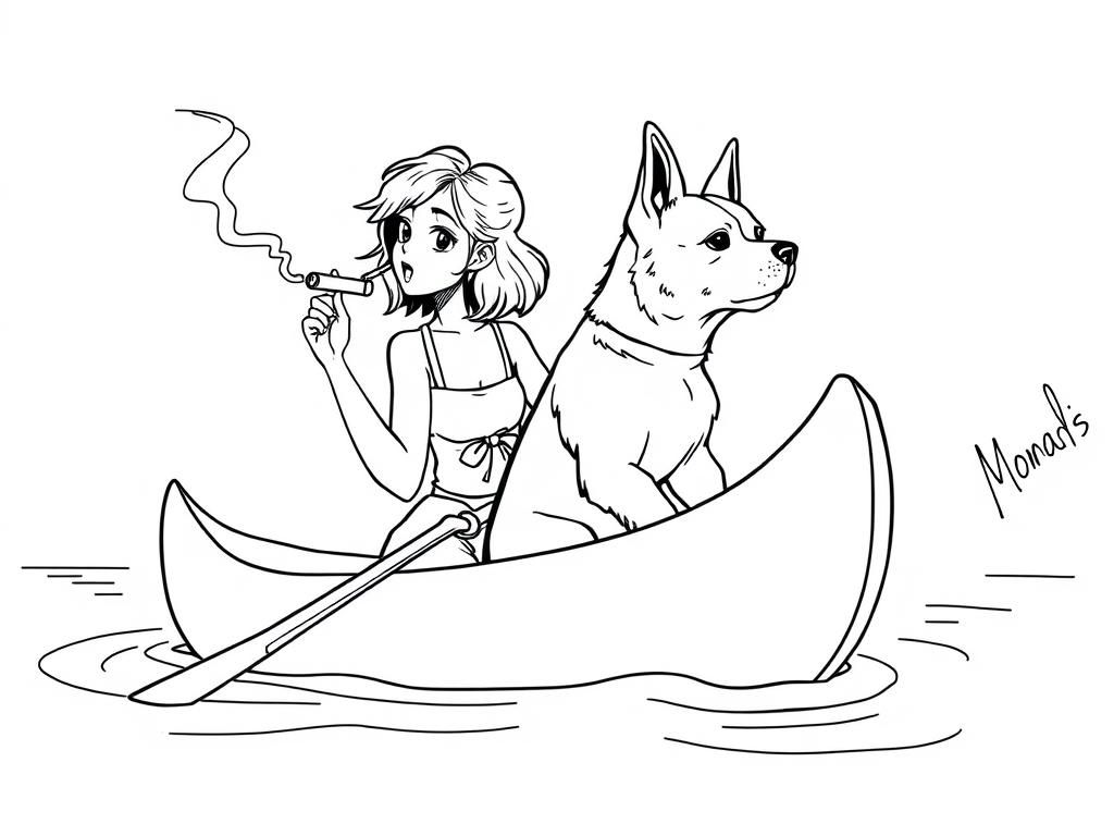 cigar smoking  manga girl with a brown dog  on big canoe and  looking both at right