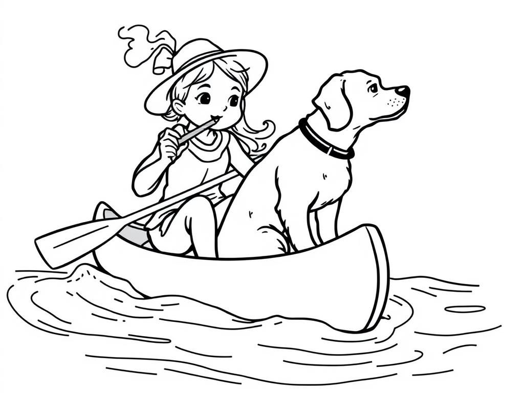 cigar smoking on canoe girl with a brown dog   and  looking both at right