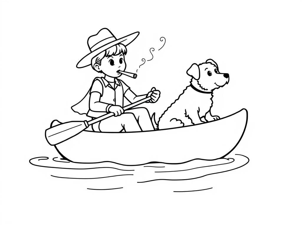 cigar smoking on canoe girl with a brown dog   and  looking both at right