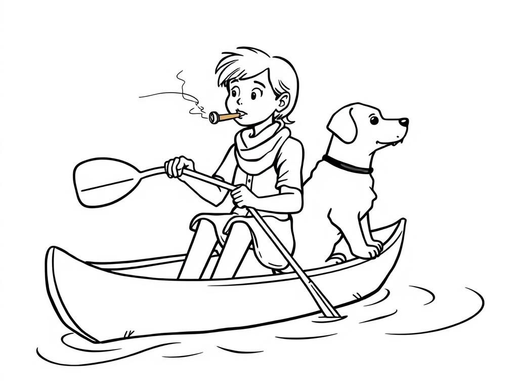 cigar smoking on canoe girl with a brown dog   and  looking both at right