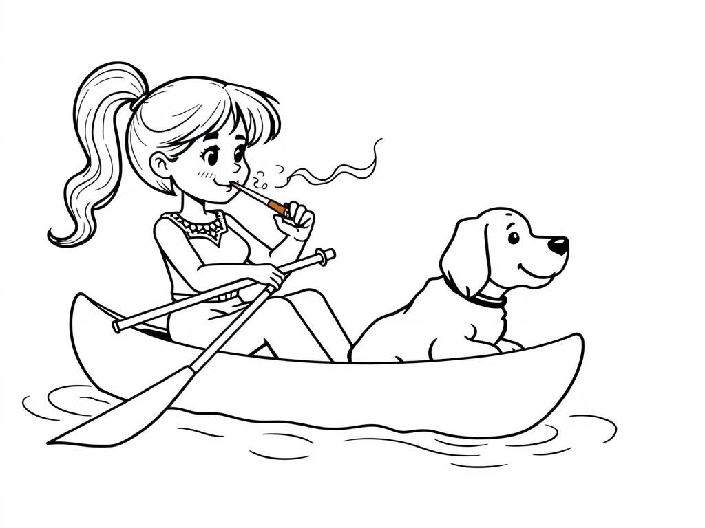 cigar smoking on canoe girl with a brown dog   and  looking both at right