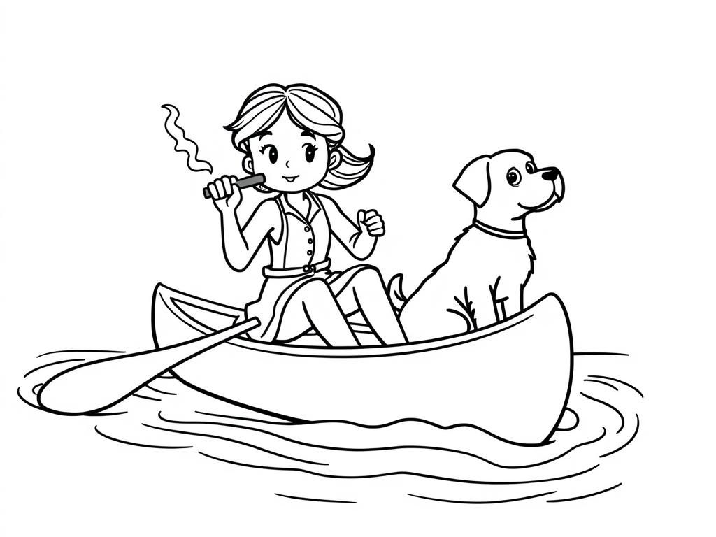 cigar smoking on canoe girl with a brown dog   and  looking both at right