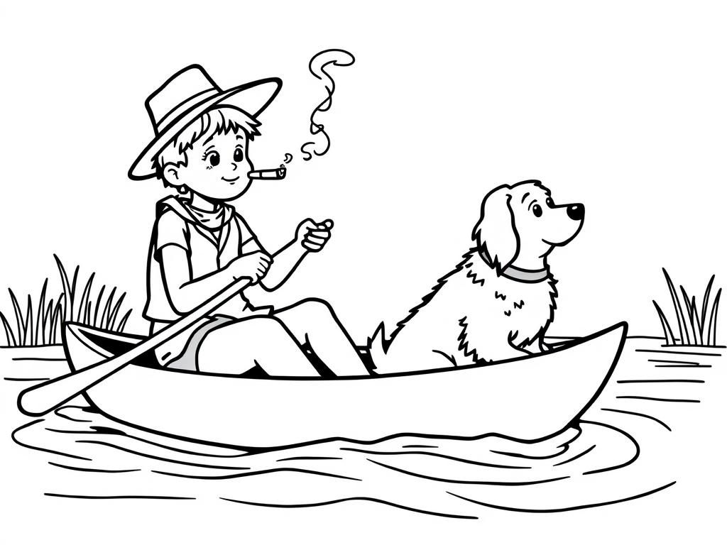 cigar smoking on canoe girl with a brown dog   and  looking both at right