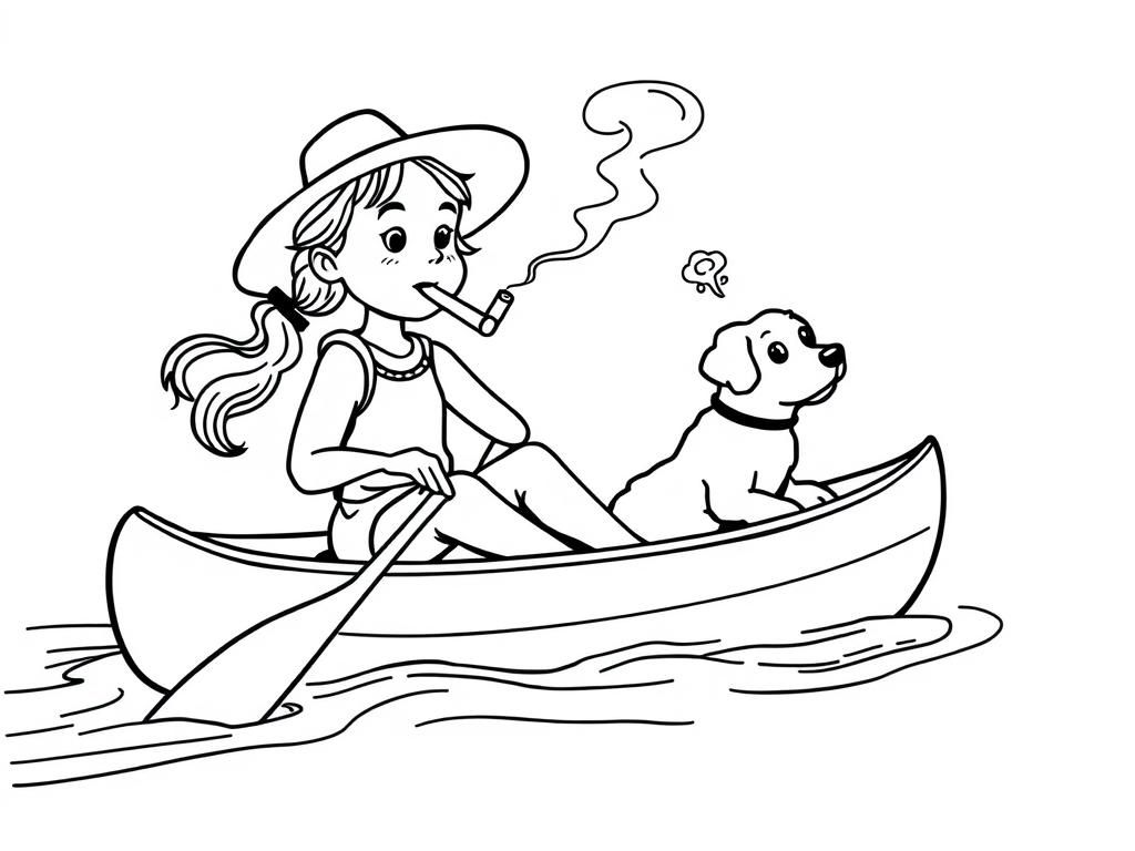 cigar smoking on canoe girl with a brown dog   and  looking both at right