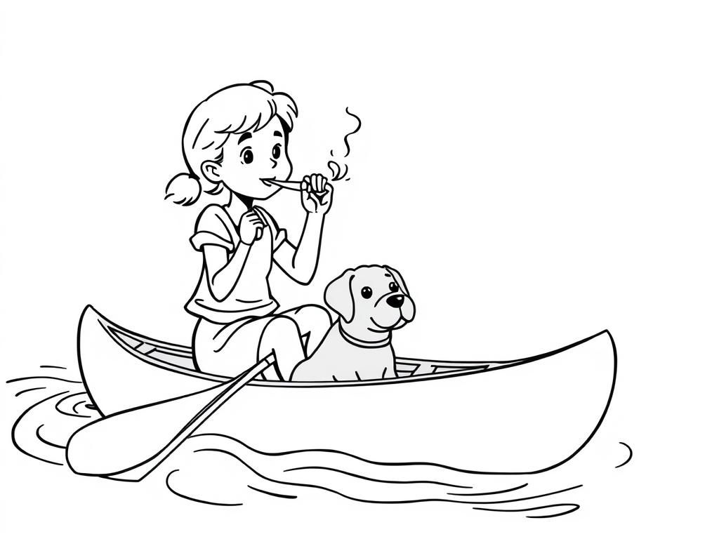 cigar smoking on canoe girl with a brown dog   and  looking both at right