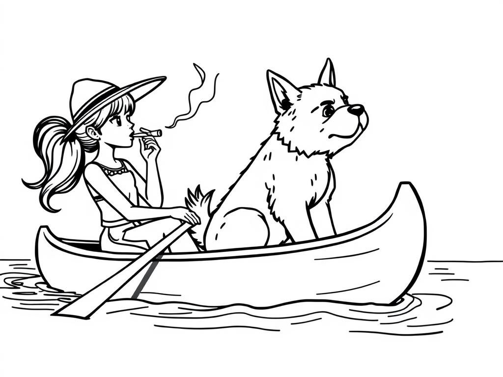 cigaret smoking hentai girl with a brown dog  on big canoe and  looking both at right