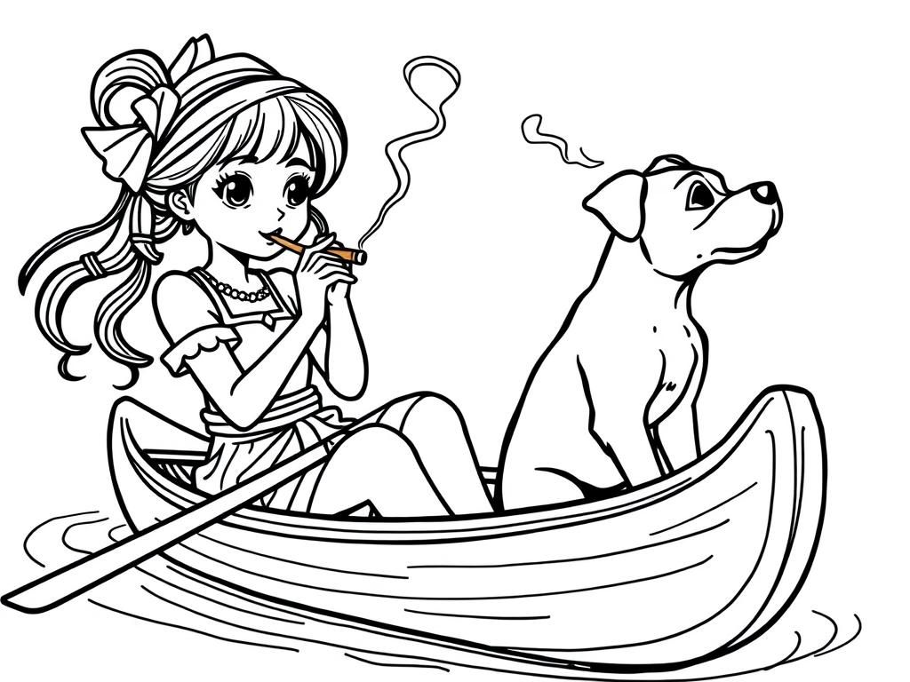 cigaret smoking hentai girl with a brown dog  on big canoe and  looking both at right