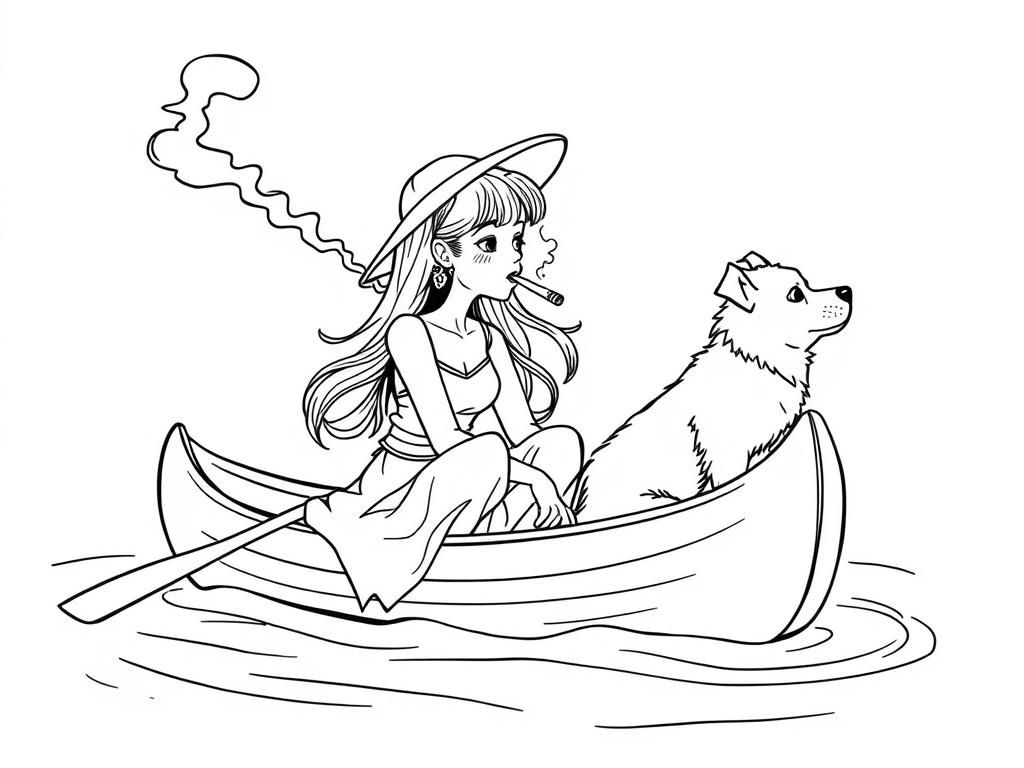 cigaret smoking hentai girl with a brown dog  on big canoe and  looking both at right