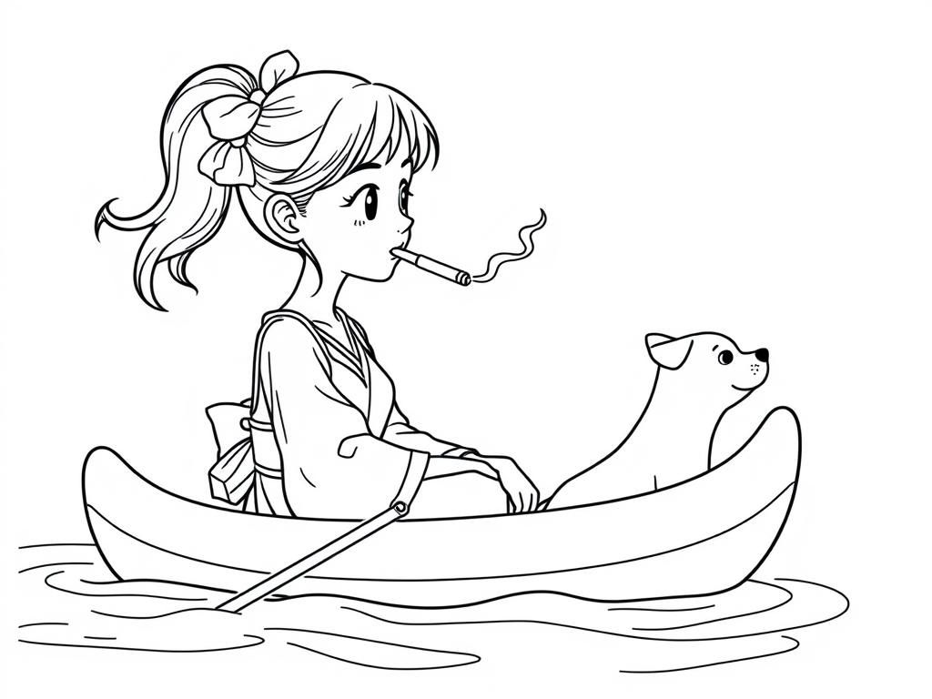 cigaret smoking japan girl with a brown dog  on big canoe and  looking both at right