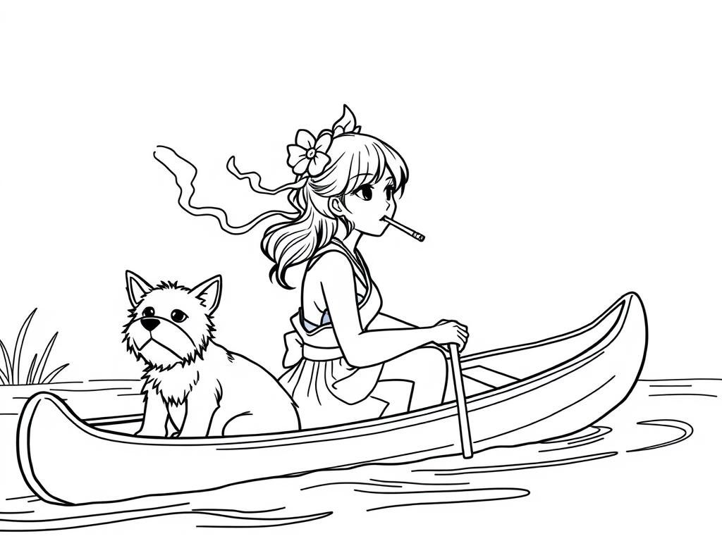 cigaret smoking japan girl with a brown dog  on big canoe and  looking both at right