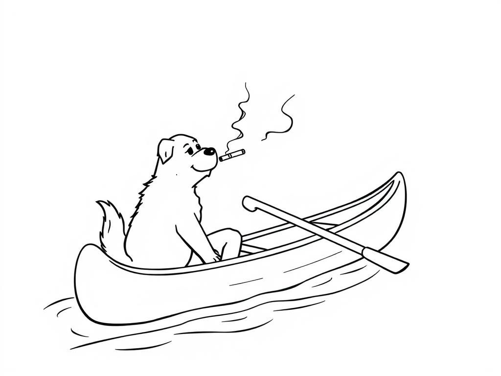 Preview of cigaret smoking japan girl with a brown dog  on big canoe and  looking both at right