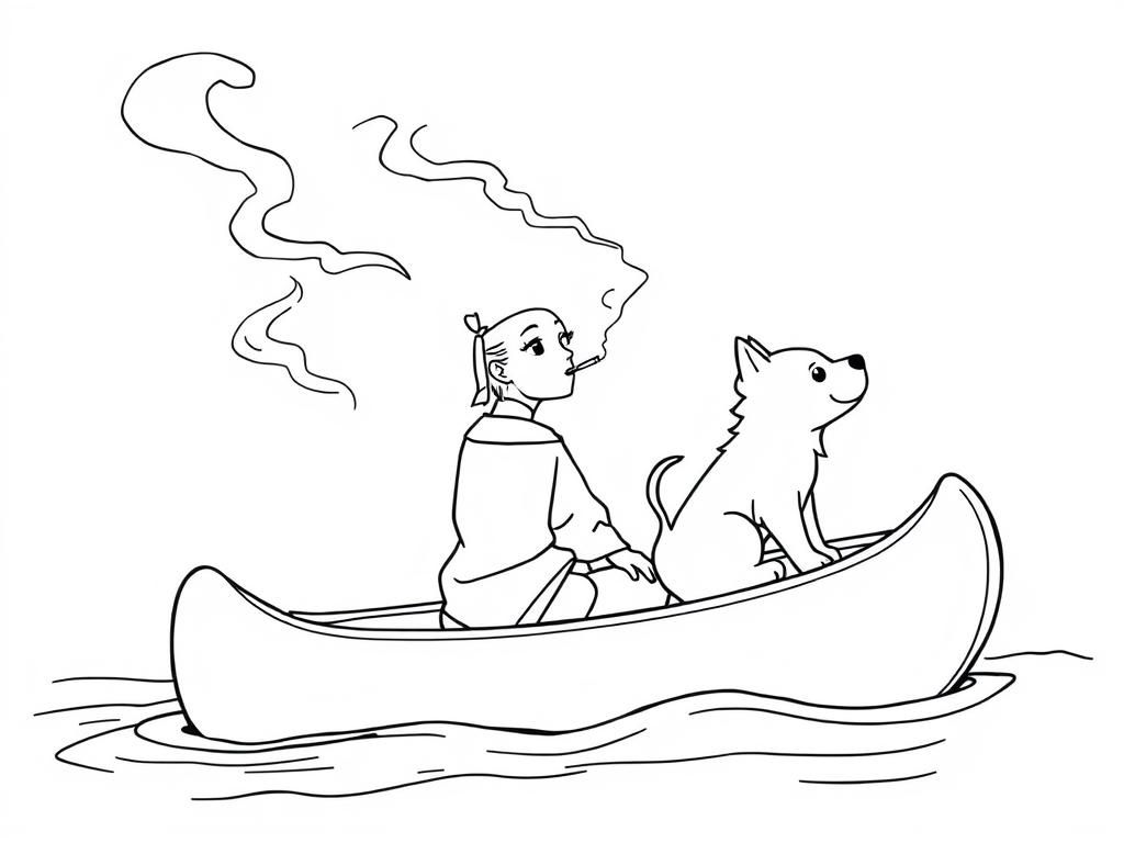 cigaret smoking japan girl with a brown dog  on big canoe and  looking both at right