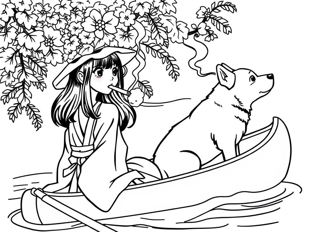 cigaret smoking japanese girl with a brown dog  on big canoe and  looking both at right