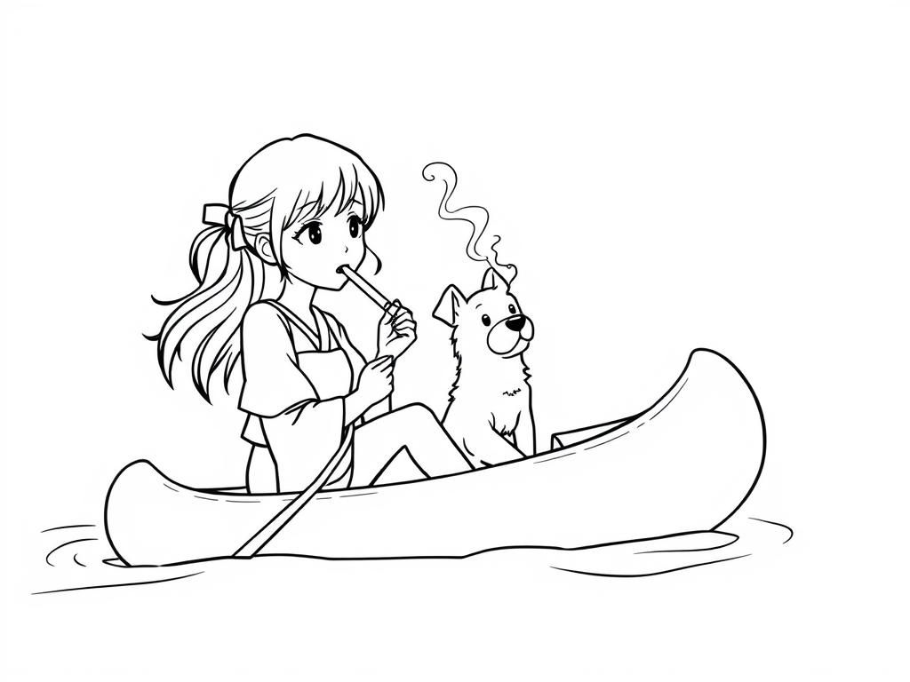 cigaret smoking japanese girl with a brown dog  on big canoe and  looking both at right