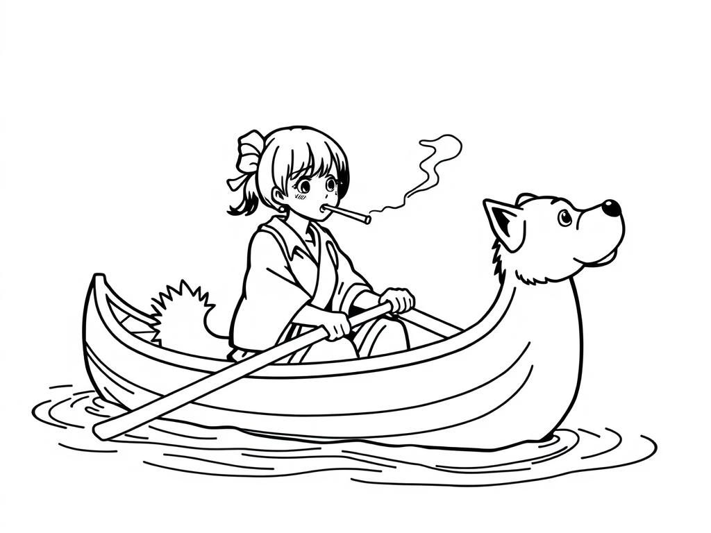 cigaret smoking japanese girl with a brown dog  on big canoe and  looking both at right