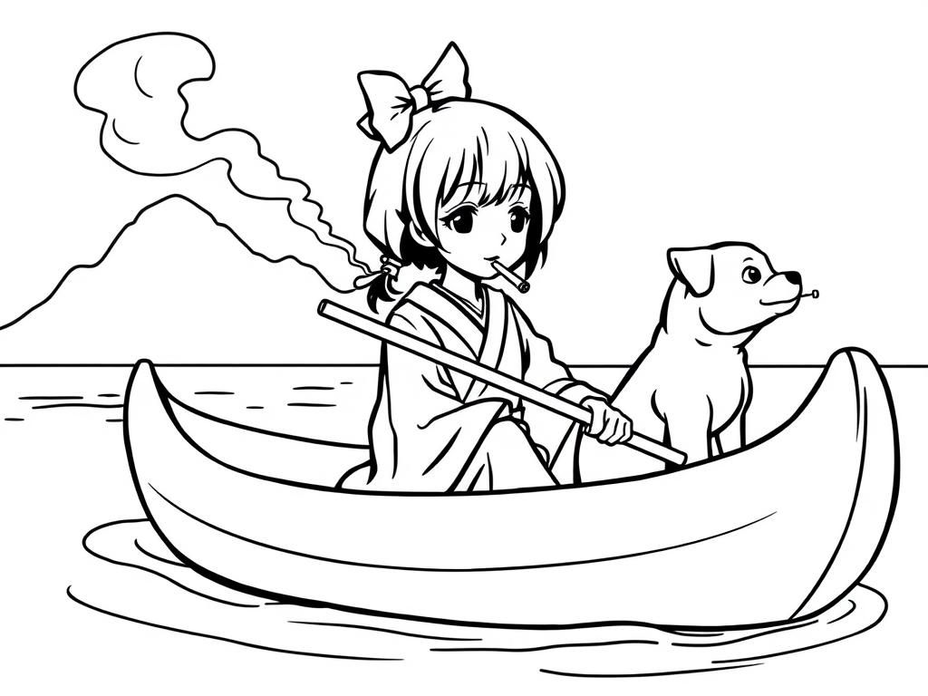 cigaret smoking japanese girl with a brown dog  on big canoe and  looking both at right