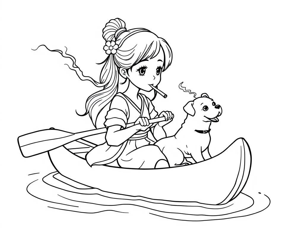 cigaret smoking japanese girl with a brown dog  on big canoe and  looking both at right