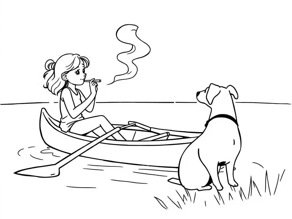 cigaret smoking  on canoe girl and night view of canoe with a brown dog  at right and  looking both