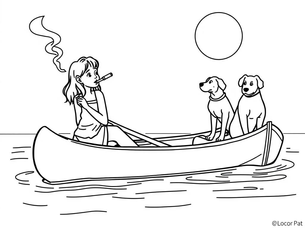 Preview of cigaret smoking  on canoe girl and night view of canoe with a brown dog on boat at right and  looking both