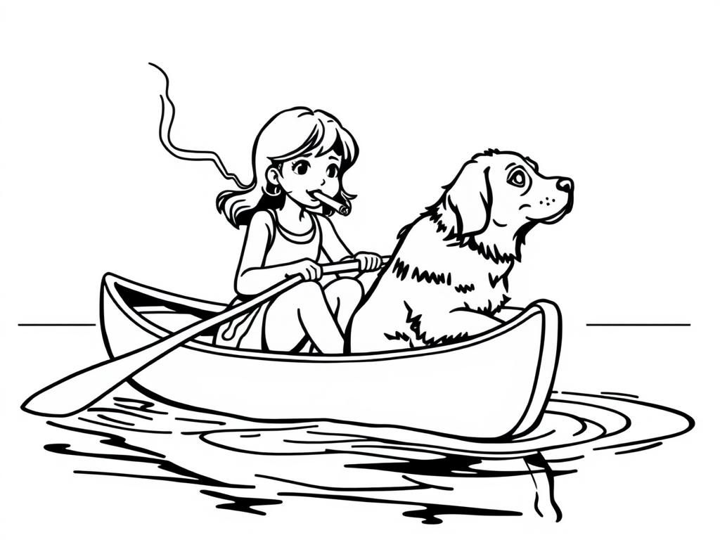 cigaret smoking  on canoe girl  with a brown dog   and  looking both at right