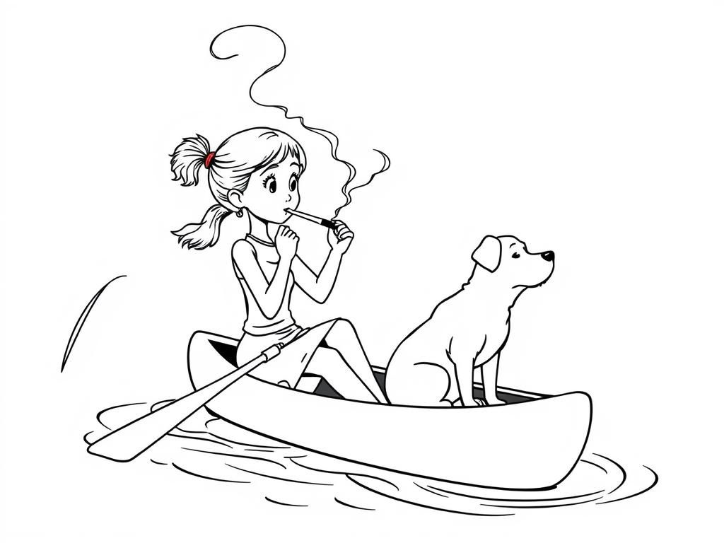 cigaret smoking  on canoe girl  with a brown dog   and  looking both at right