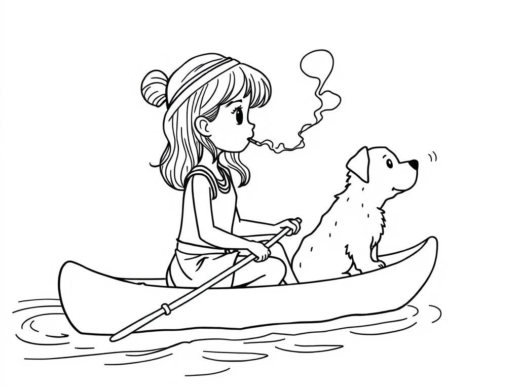 cigaret smoking  on canoe girl  with a brown dog   and  looking both at right