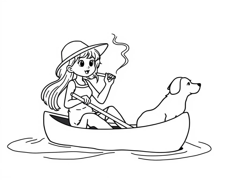 cigaret smoking  on canoe girl  with a brown dog   and  looking both at right