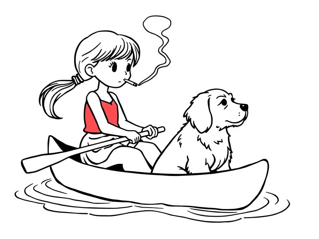 cigaret smoking  on canoe girl  with a brown dog   and  looking both at right