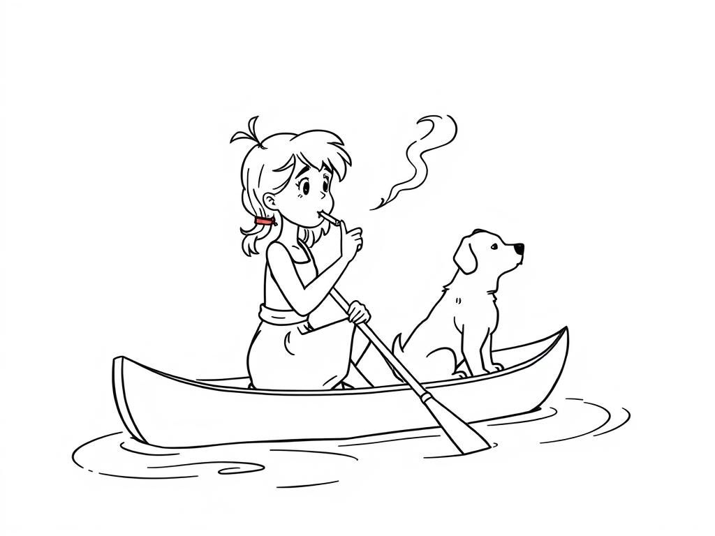 cigaret smoking  on canoe girl  with a brown dog   and  looking both at right