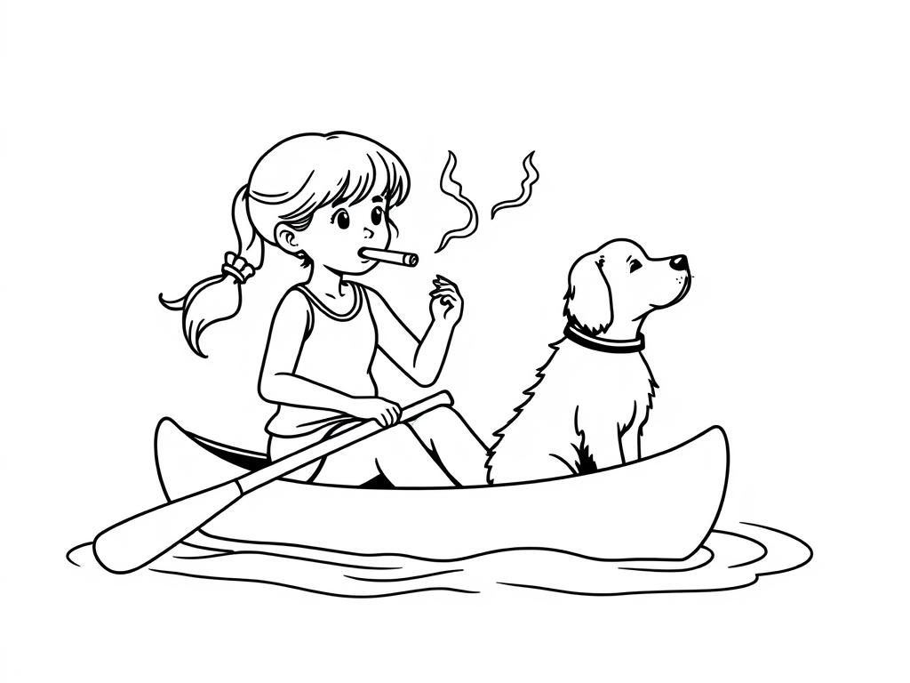 cigaret smoking  on canoe girl  with a brown dog   and  looking both at right