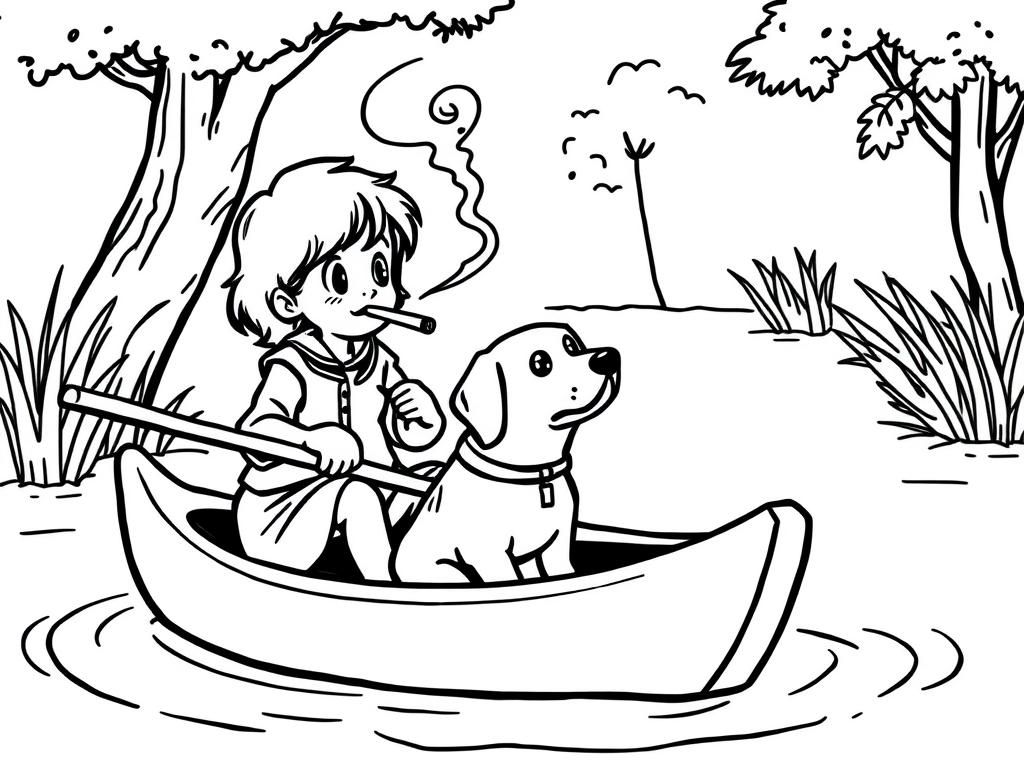 cigaret smoking  on canoe girl  with a brown dog   and  looking both