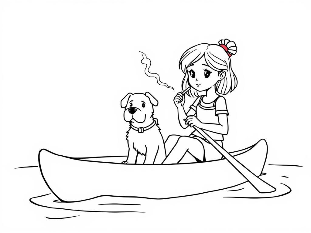 cigaret smoking  on canoe girl  with a brown dog   and  looking both