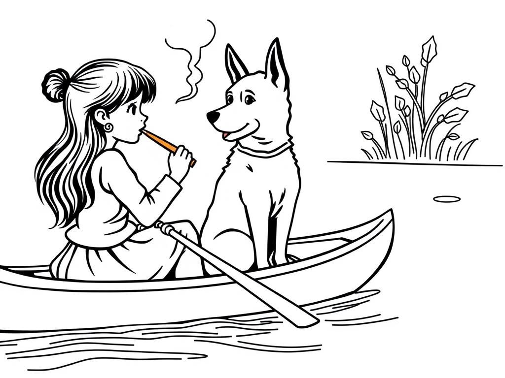 cigaret smoking  on canoe girl  with a brown dog   and  looking both